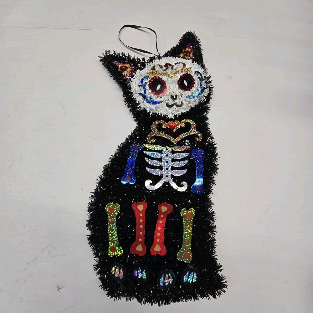 Vintage Tinsel Halloween Day of The Dead Cat Wall Door Decor 15" Spooky